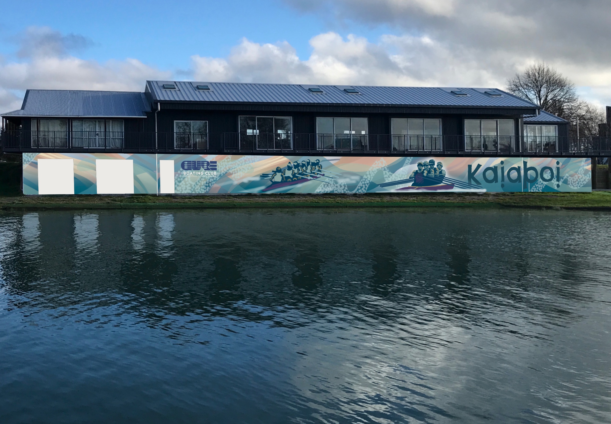 The finished Pulling Together mural at Cure Boat Club, matching the digital mockup shown to the client beforehand
