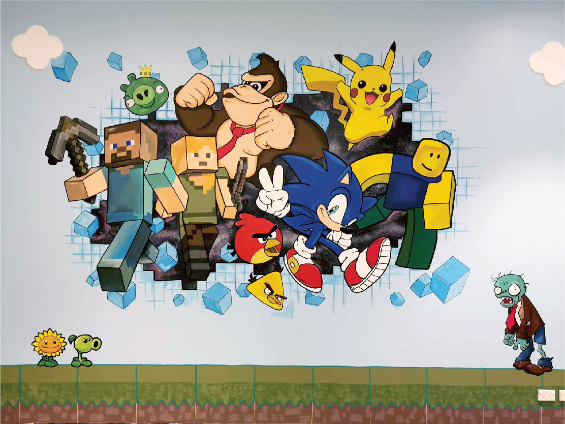 mural painting of gaming characters breaking through wall