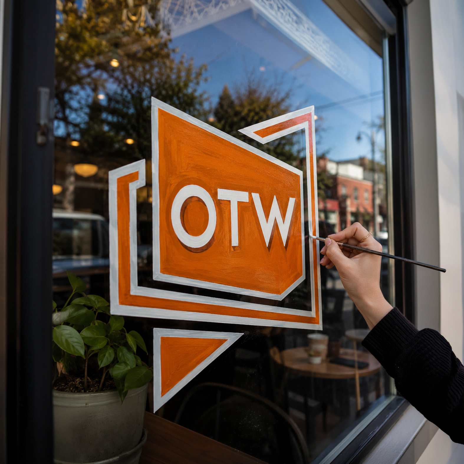 A hand painting the OTW logo onto a glass shopfront window