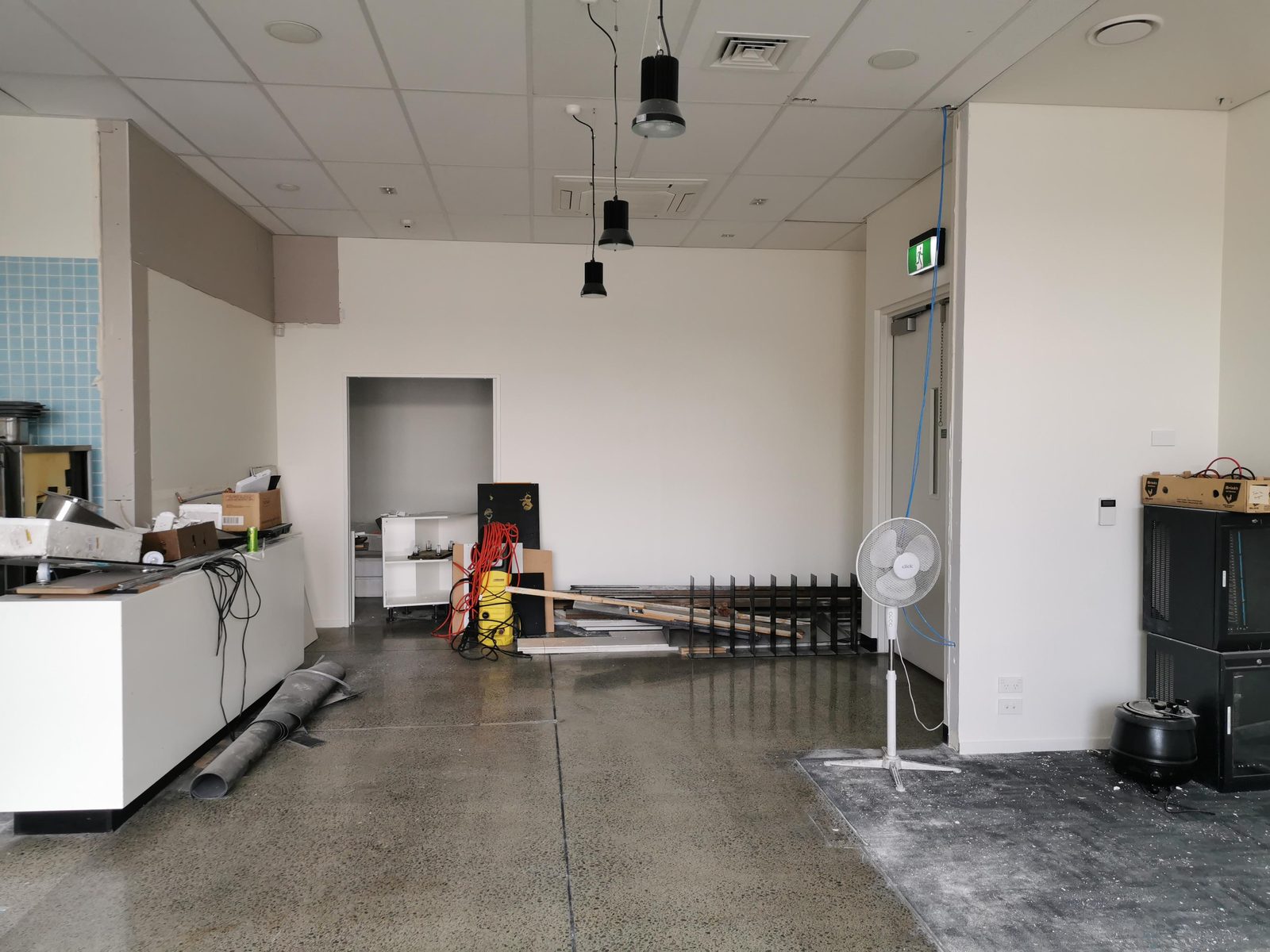 Pixel Party — reception desk area under construction, pre-mural