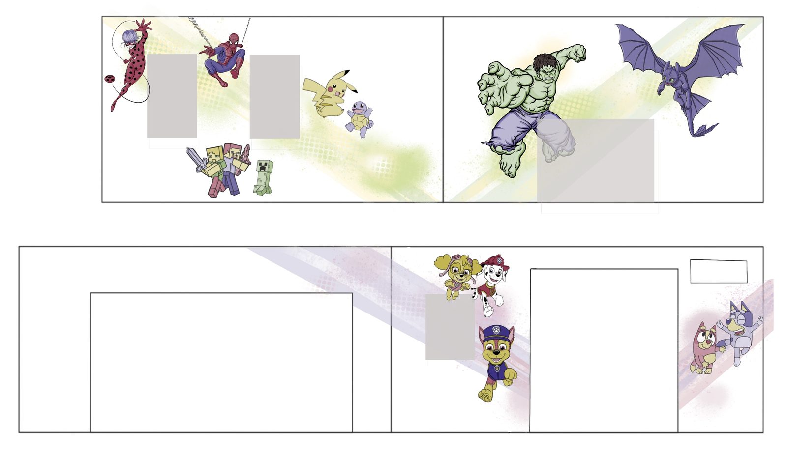 Shear Havoc mural concept layout — design sketch showing character placement across two salon walls