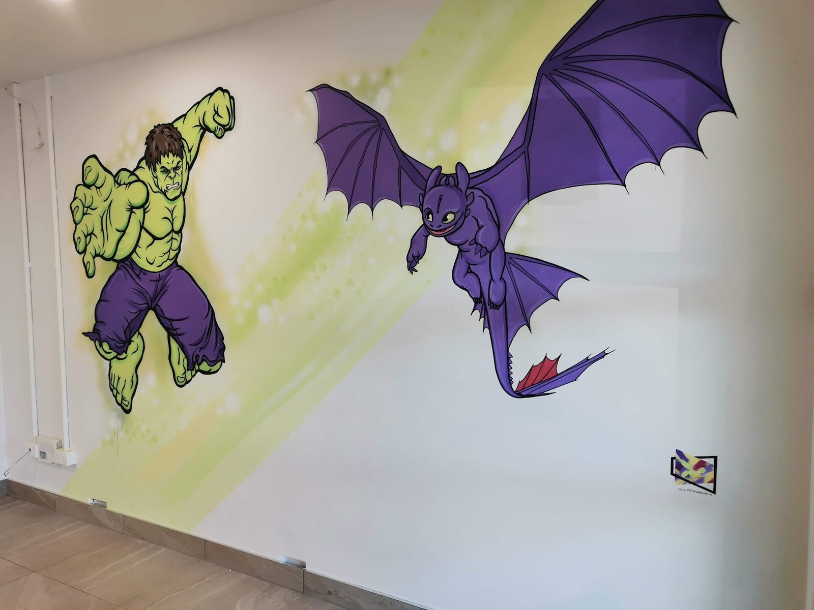 Shear Havoc mural detail — the Hulk and a purple dragon character on the salon wall
