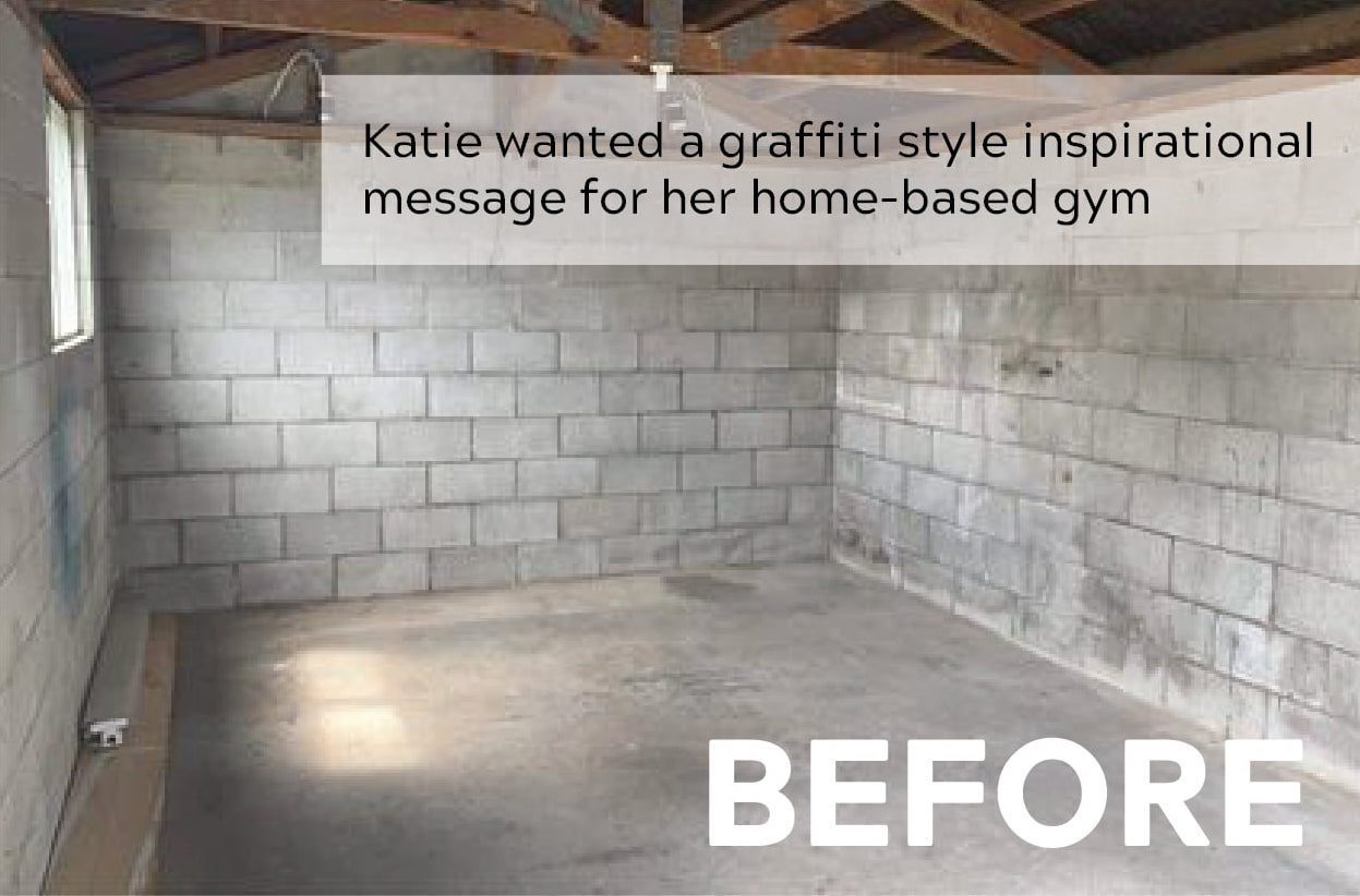 You Rock — Riddell Gym garage before the mural, with a note that Katie wanted a graffiti-style inspirational message