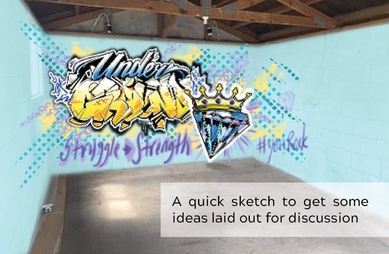 You Rock mural concept sketch — early design ideas for the lettering and diamond graphic