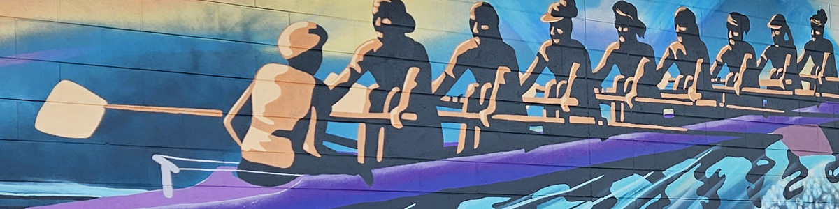 Off The Wall commercial mural work — silhouetted rowing crew detail from the Pulling Together mural, painted in purple and blue tones