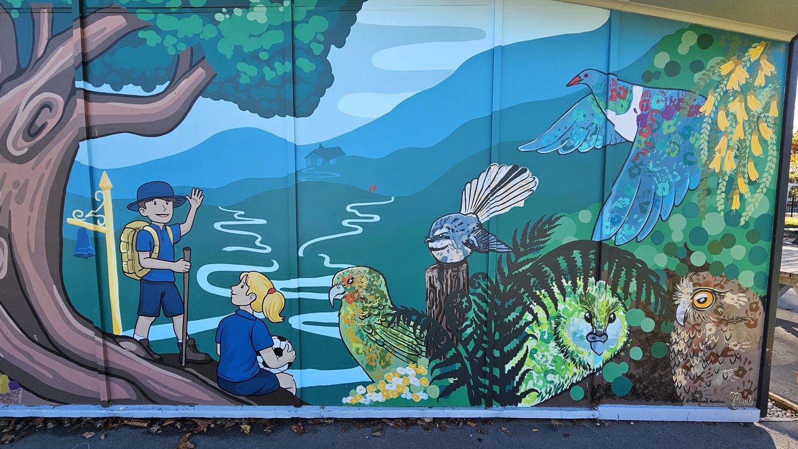 Flock Together mural — finished design with students reading and playing music under the tree