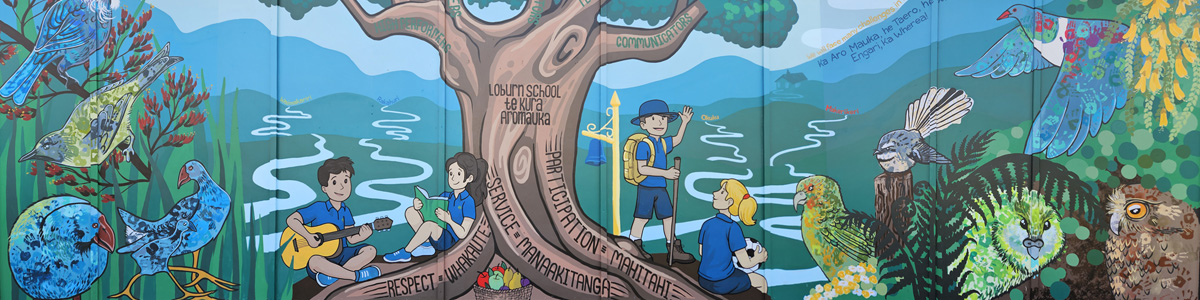 Flock Together mural — full view of the large tree with students reading and playing music beneath it, framed by native birds and the school's values, Loburn Primary School