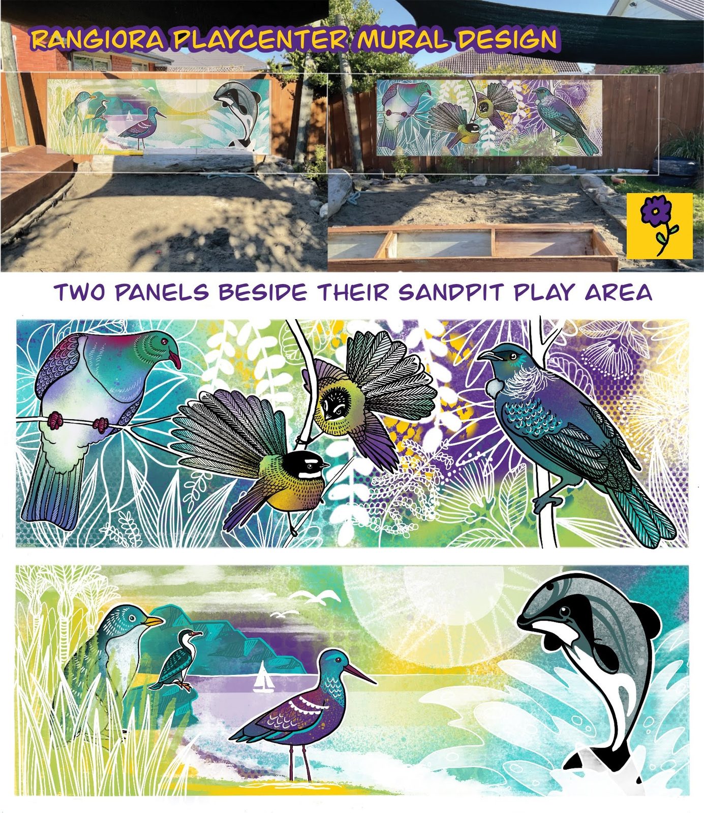 Natures Playground mural concept — design proposal for two panels beside the sandpit play area