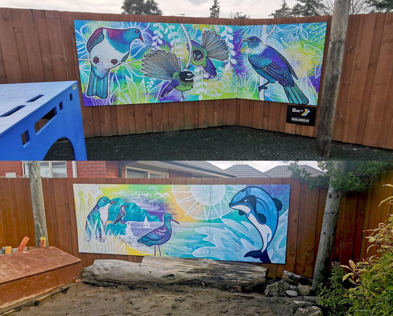 Natures Playground mural — finished bird and dolphin panels installed on the wooden fence