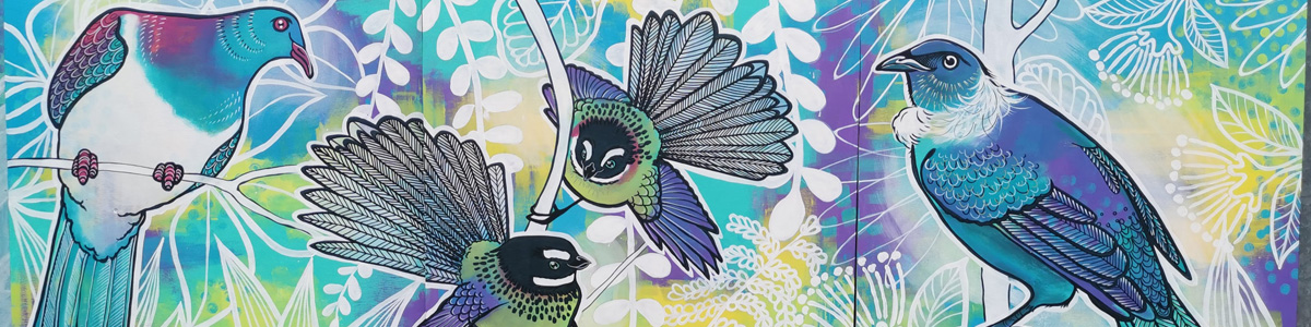 Natures Playground mural — kererū, fantail and tūī painted in blues and greens on the playground fence panels, Rangiora Play Centre