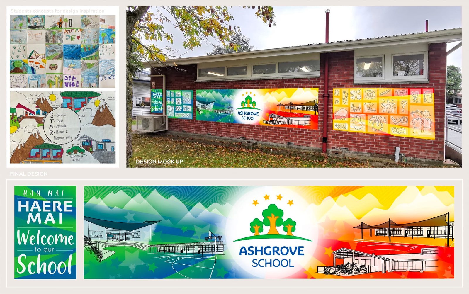Our Stars mural concept — design mockup showing the planned wall layout and panels