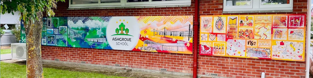 Our Stars mural — full view of Ashgrove School's feature wall and the adjoining gallery of small student-painted panels