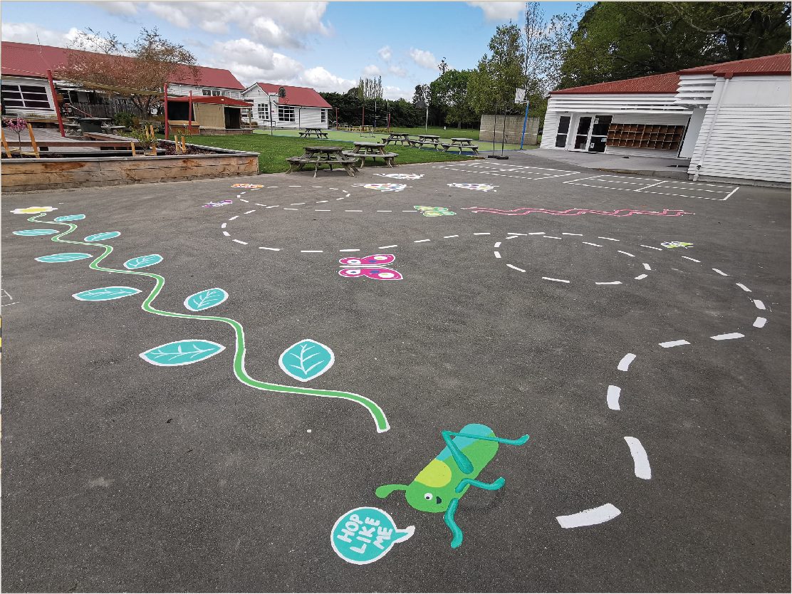 Playtime Bugs — wide view of the playground with multiple bug-themed games painted across the court