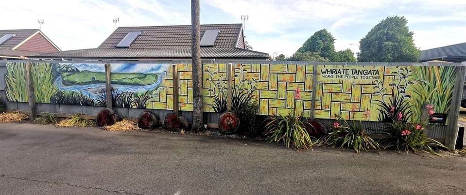 Weaving Together mural — finished fence panels viewed from another angle