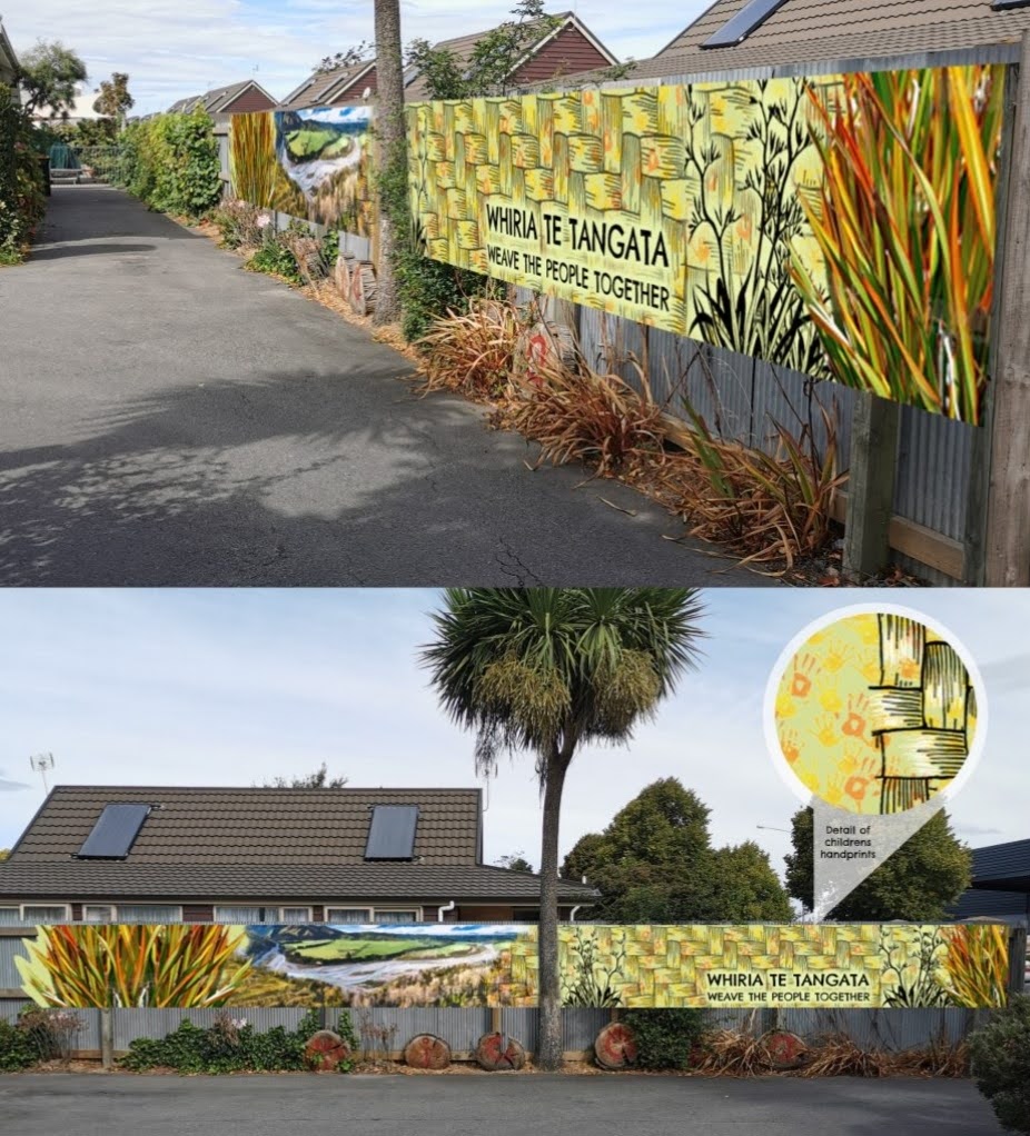 Weaving Together mural — two views of the finished fence panels
