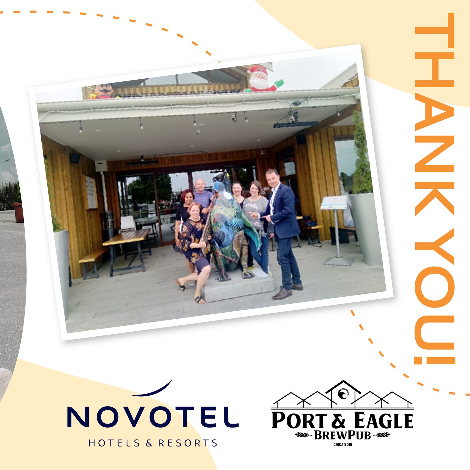 Birds of a Feather — thank you graphic for trail sponsors Novotel and Port & Eagle, with a group photo