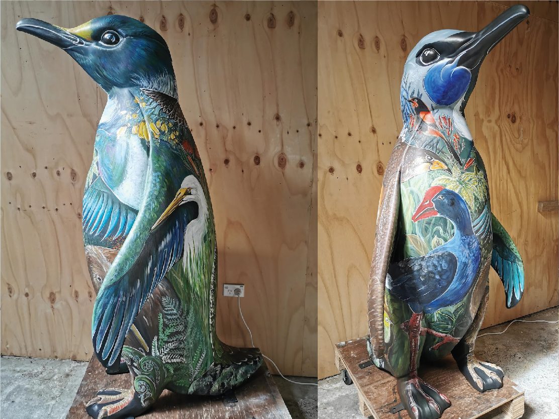 Birds of a Feather — side-by-side comparison of two angles of the finished penguin sculpture
