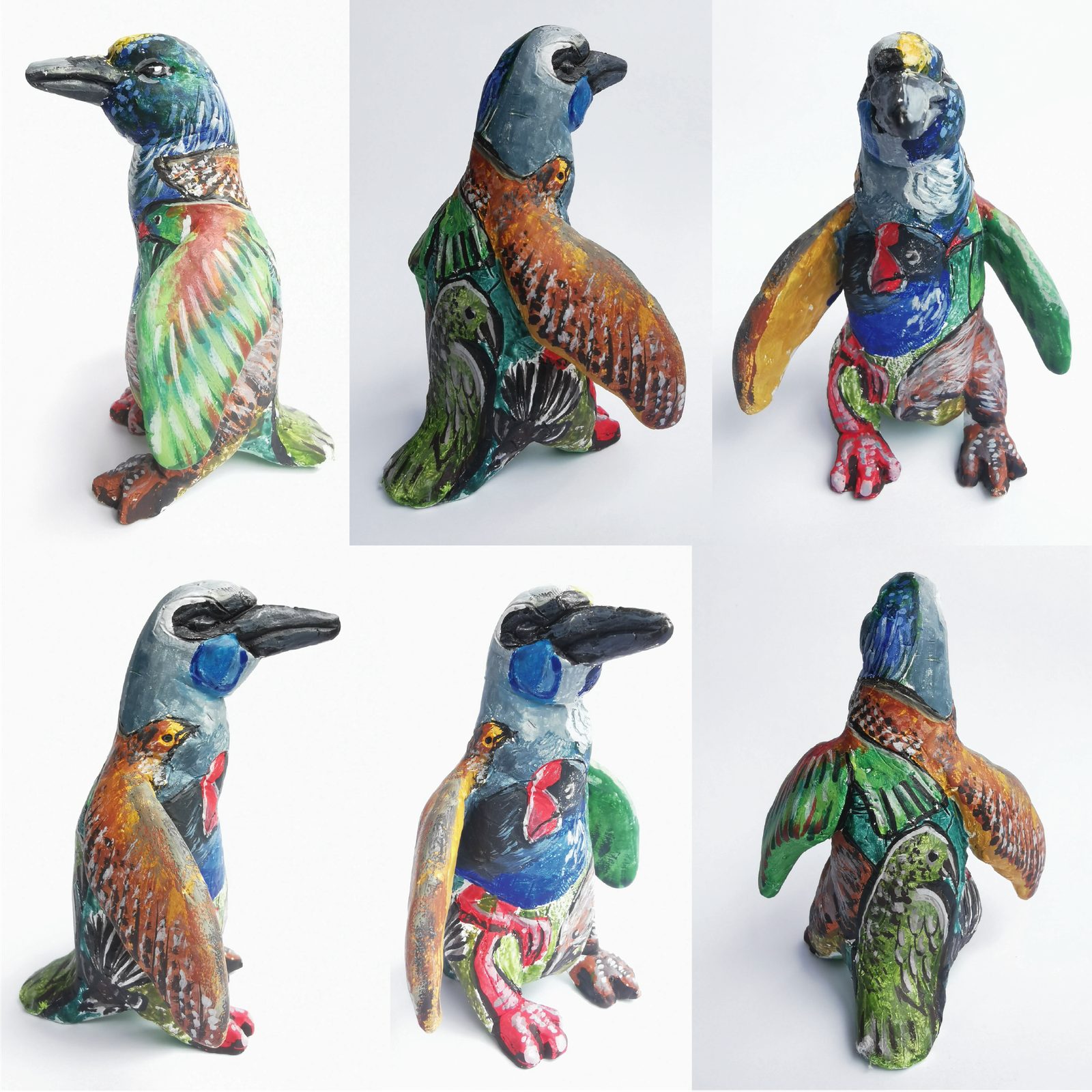 Birds of a Feather — grid of six colour concept variations explored for the penguin design