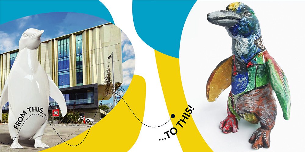 Birds of a Feather — promotional graphic combining the finished penguin photo with a colourful background