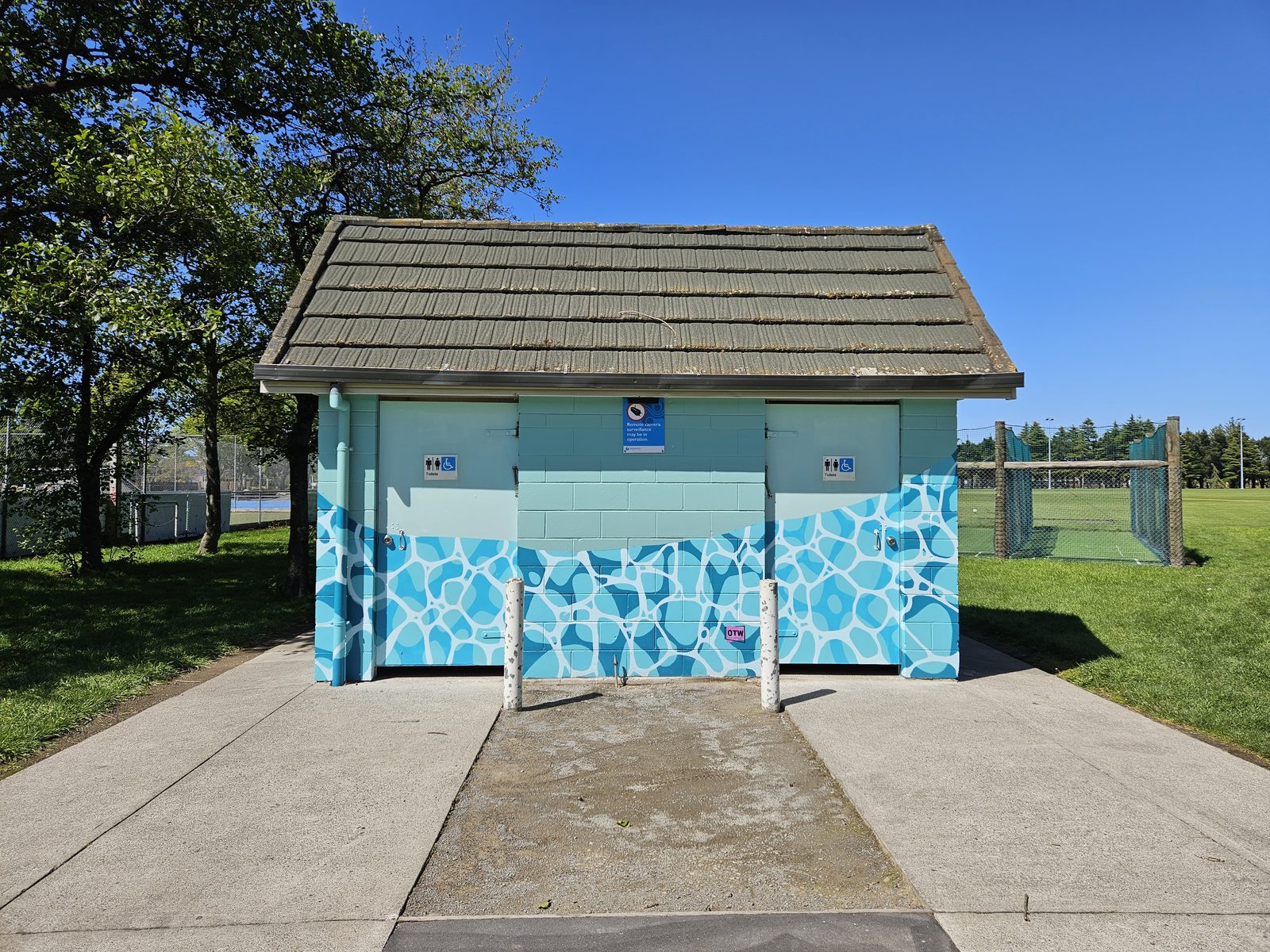 Flowing With Whio mural — wide view of the finished design wrapping fully around the building