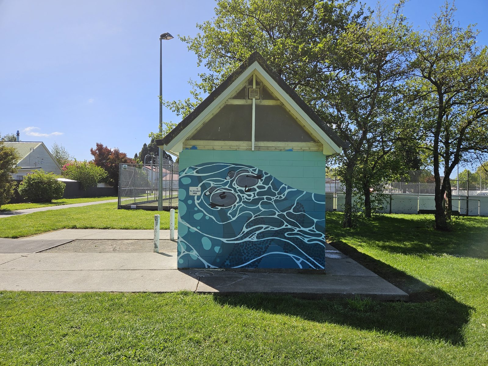 Flowing With Whio mural — building exterior with scaffolding visible during finishing touches