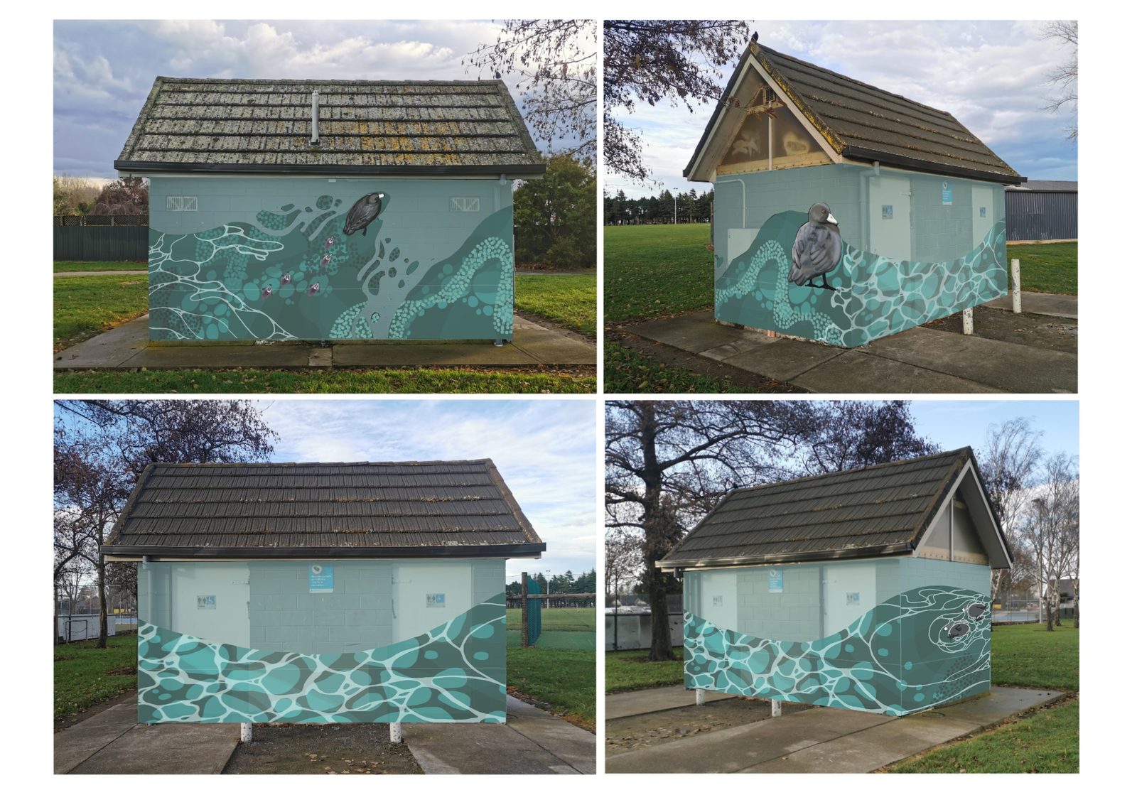 Flowing With Whio mural — composite of four angles showing the finished design around the toilet block