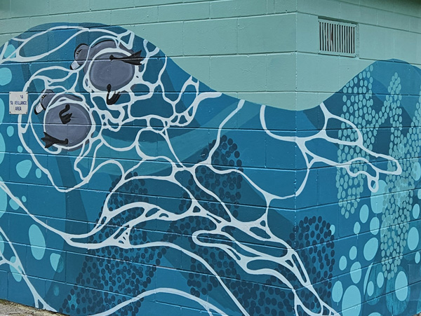 Flowing With Whio mural — abstract whio (blue duck) design in blue tones wrapping around the Dudley Park toilet block