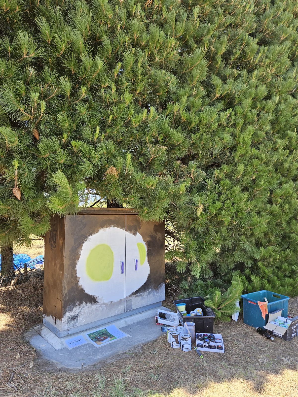 Hidden Treasure mural in progress — the dragon's eye outline primed on the cabinet