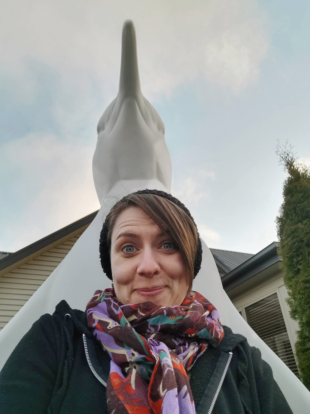 Ice sculpture — Mel with the blank white penguin sculpture before painting