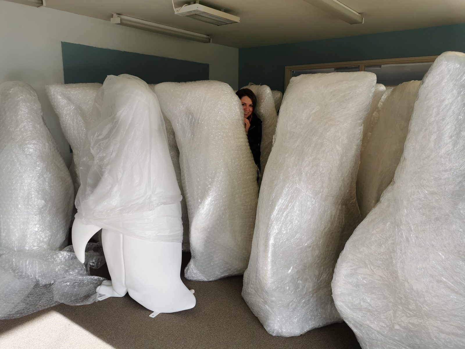 Ice sculpture — several blank penguin sculptures wrapped in plastic in the workshop