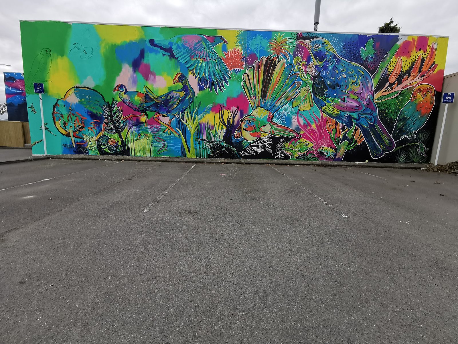 In Our Hands mural — wide view of the finished carpark wall with the road in the foreground