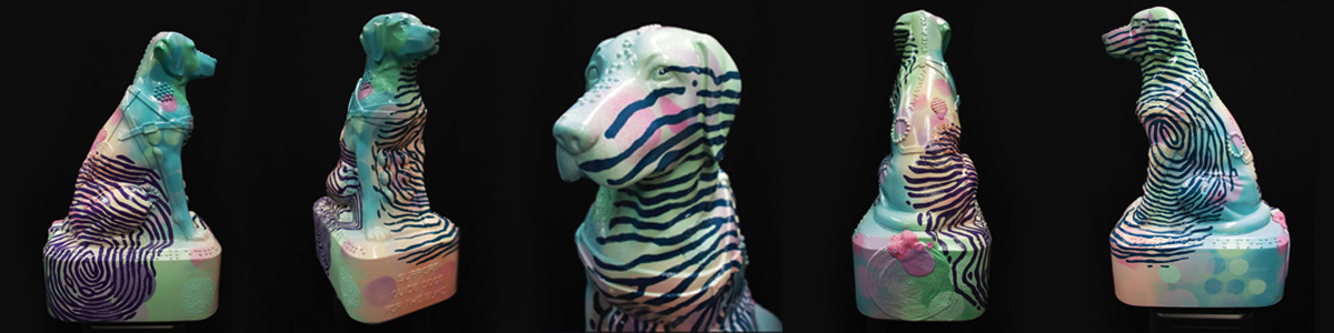 Louie Braille sculpture — five angles of the dog-shaped coin collection sculpture showing the striped, fingerprint and braille-dot design