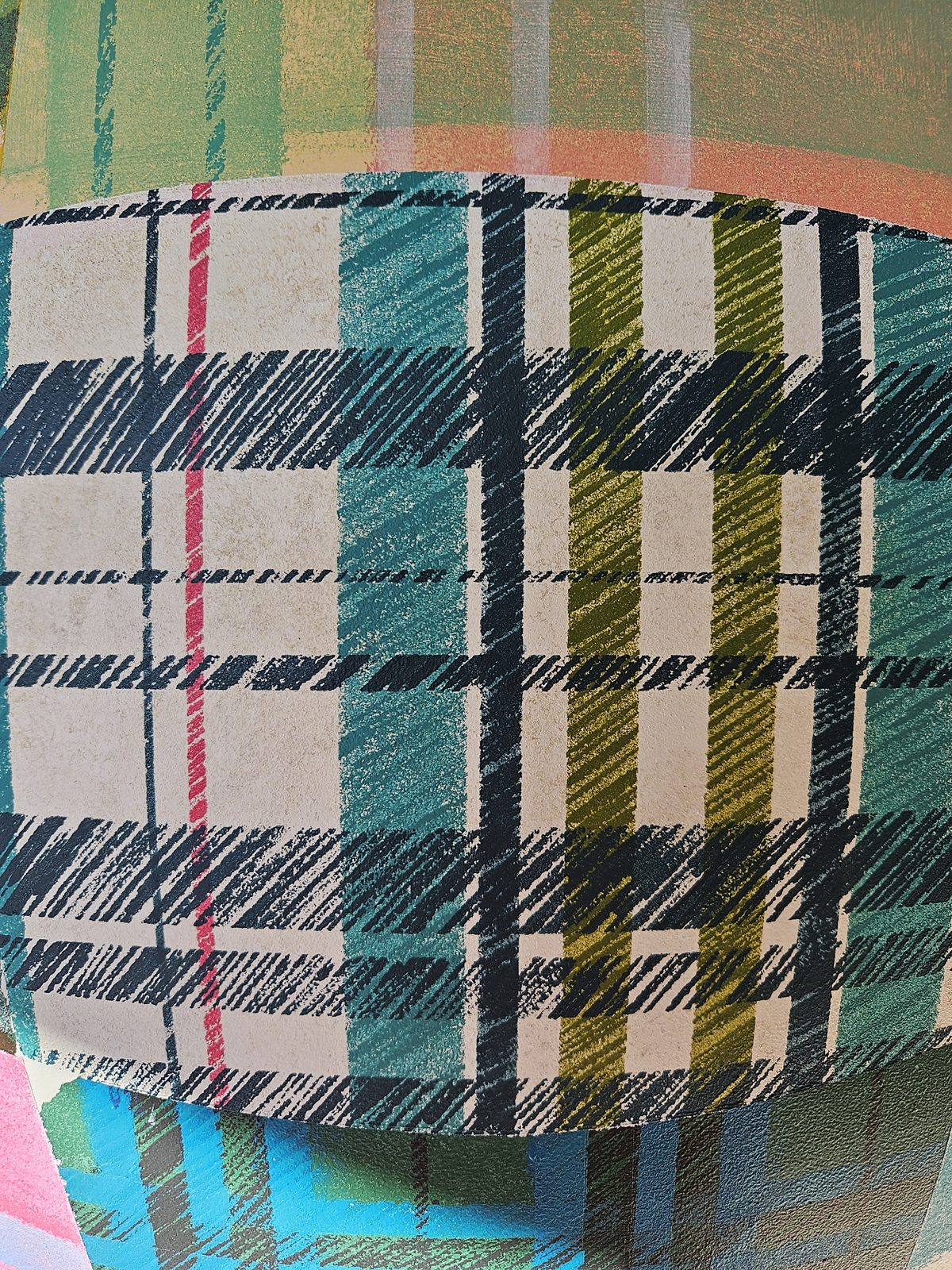 Mammoth Wolley research — close-up of a teal and pink plaid wool blanket sample