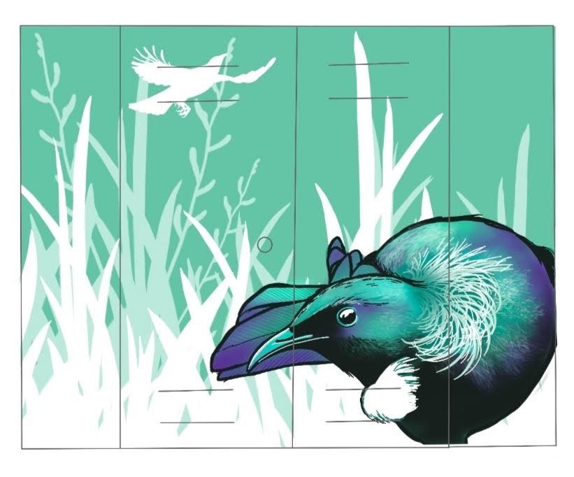 Tui Song mural design — artwork showing the tui among silhouette flax and grasses
