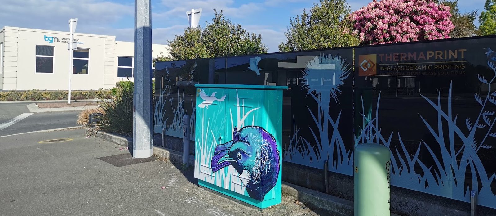 Tui Song mural — finished cabinet in context along the street