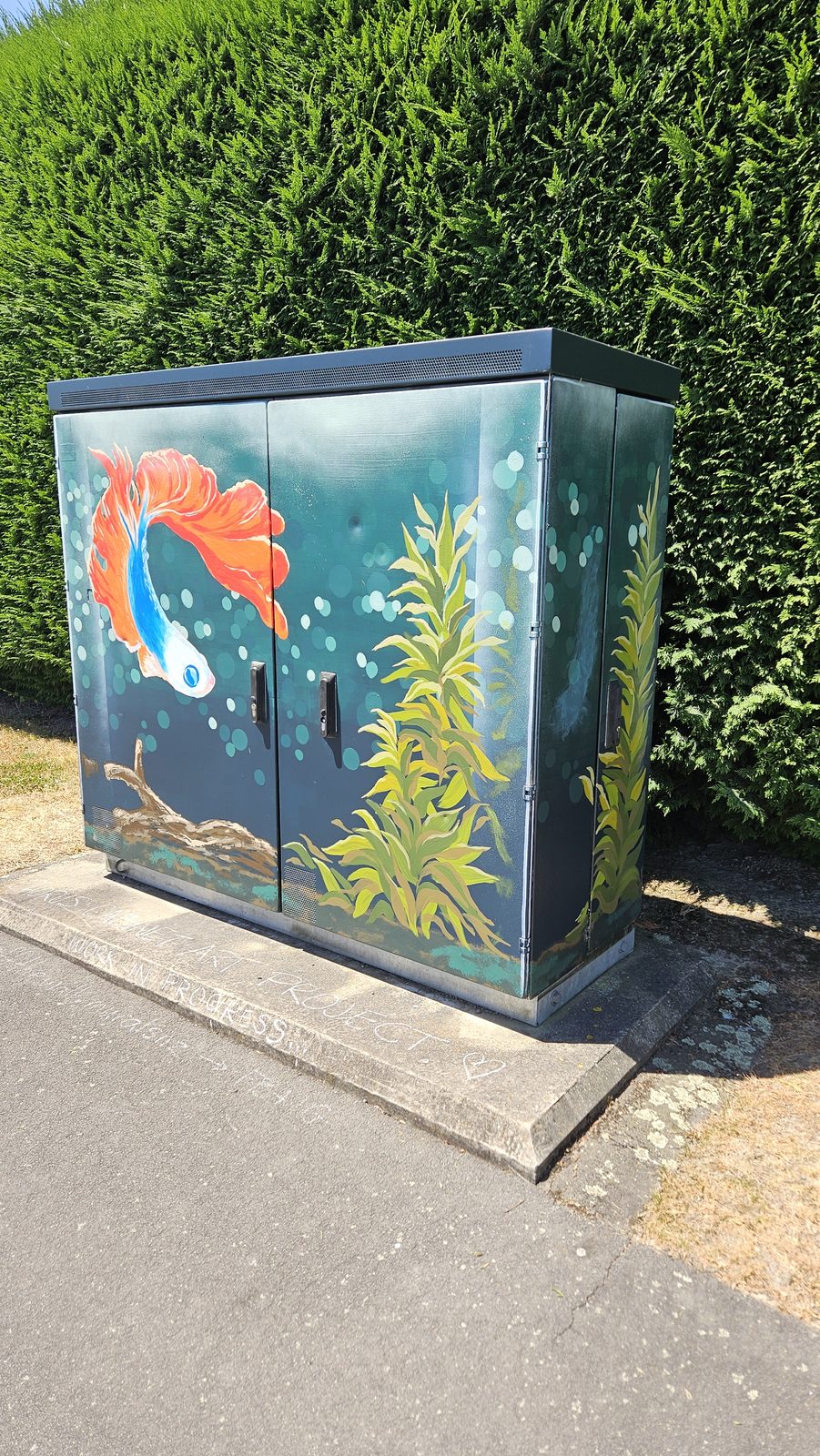 Urban Oasis mural in progress — the orange betta fish and seaweed shapes blocked in